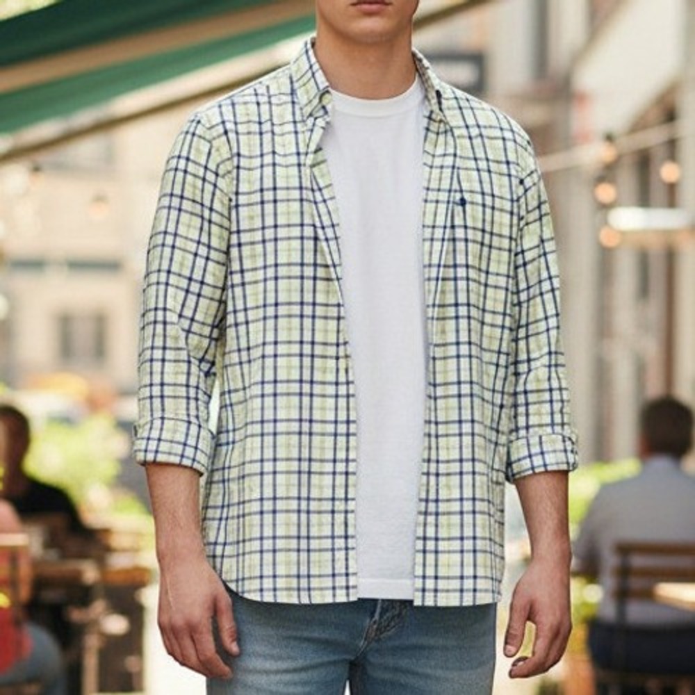 Abercrombie Button Down Windowpane Shirt Men XL White Plaid Long Sleeve Logo